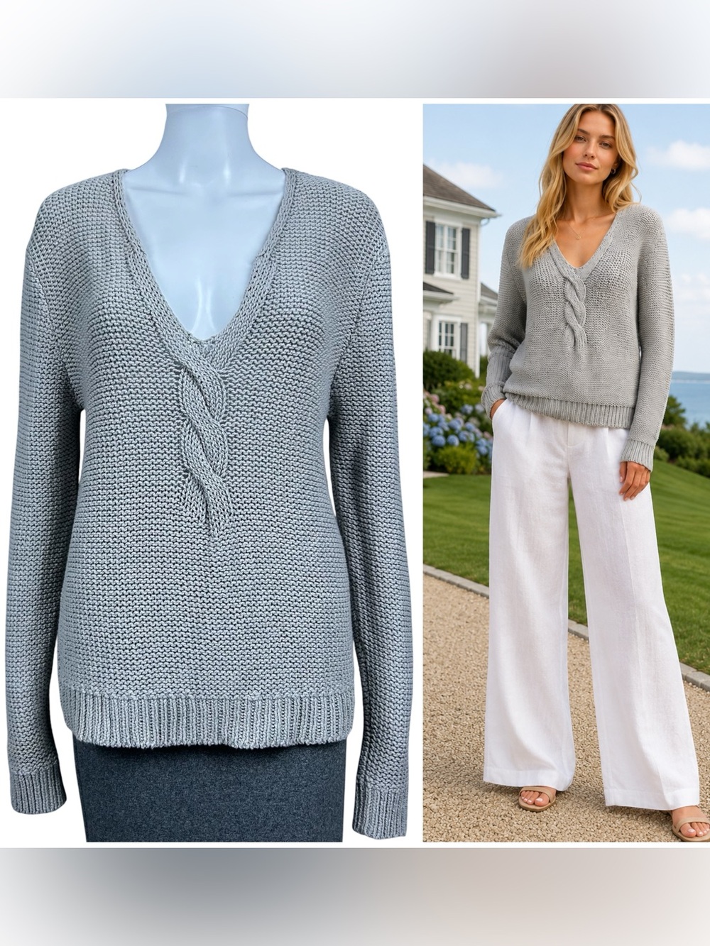 Hugo Boss Light Gray V-Neck Cable Knit Sweater